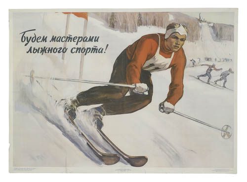 Foreign language, skier in red