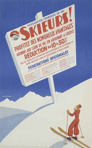 Skieurs, blue poster, skier in red
