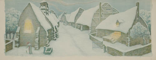 Snowy village scene