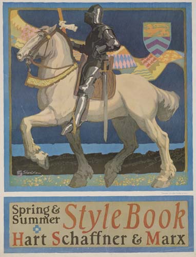 Spring and Summer Style Book Hart Schaffner and Marx, blue poster, knight on a white horse