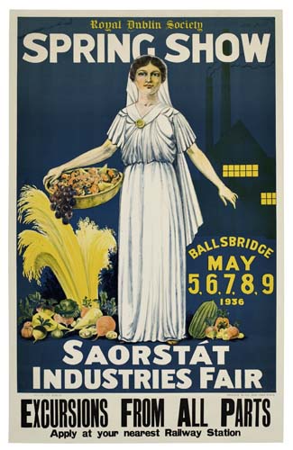 Spring Show Saorstat Industries Fair, blue poster, woman in white dress