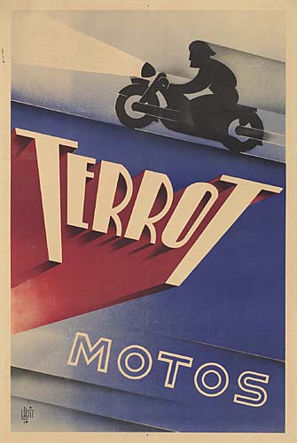 Terrot Motos, man on motorcycle, blue poster