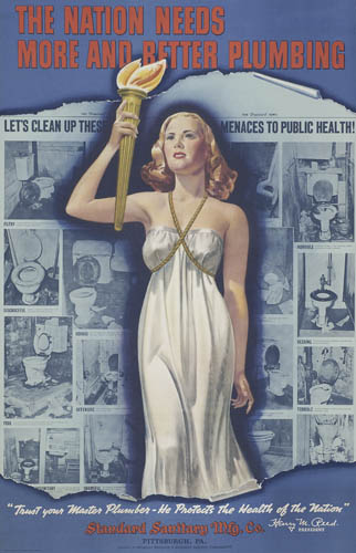 The Nation Needs More and Better Plumbing, woman holds torch, newspaper clippings