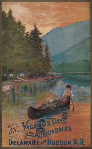 Vacation Days in the Adirondacks, Hudson Railroad, woman in canoe